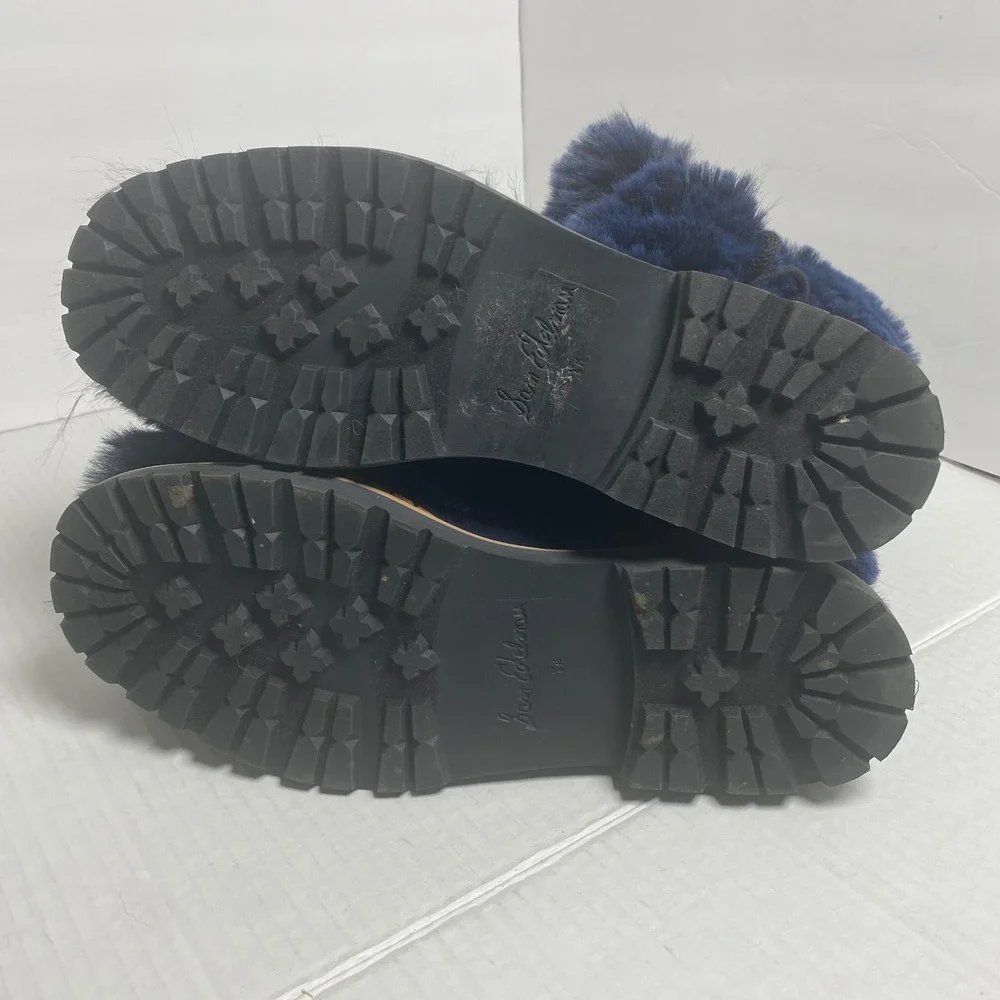 Sam Edelman‎ Navy Blue Faux Fur Pom Pom Lug Sole Ankle Boots Womens 8.5M Cozy